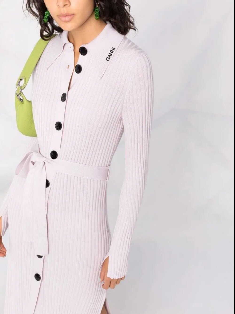 Ganni Ribbed Button-Down Knit Dress in Light Lavender